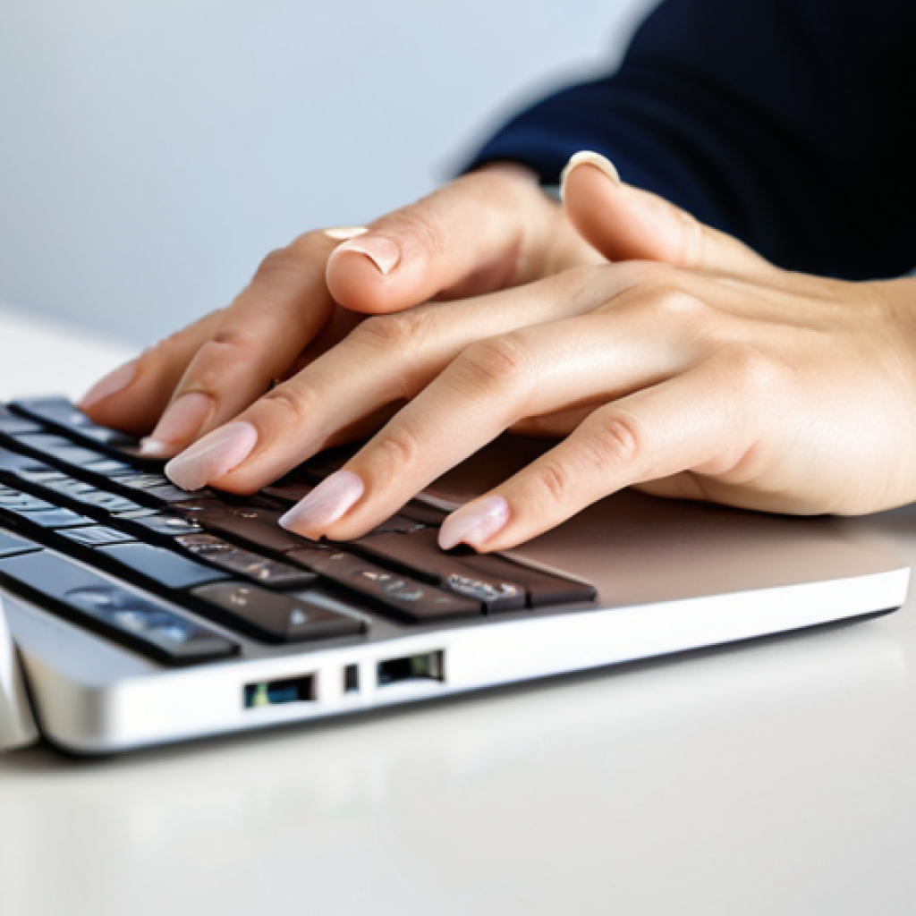 A close-up view of an adult's hands, illustrating a self-care moment. One hand is gently applying and massaging a few drops of clear nail oil into the cuticles and nail beds of the other hand. The fingers are naturally posed, focusing on the careful application. The setting is a clean, brightly lit personal desk, with a soft-focus background hinting at a laptop keyboard, symbolizing daily tasks that might lead to dry hands. The nails appear healthy and moisturized, with a subtle sheen from the oil, and the surrounding skin looks soft and free from dryness or hangnails. The visible parts of the arms and wrists show modest, appropriate long-sleeved attire. Perfect anatomy, correct proportions, well-formed hands, proper finger count, natural body proportions, natural pose, professional photography, high quality, studio lighting, soft focus background, safe for work, appropriate content, fully clothed, modest, family-friendly.