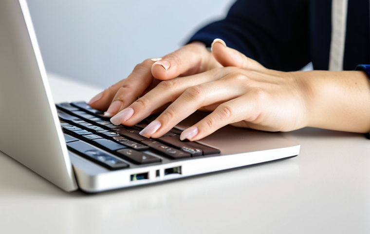 A close-up view of an adult's hands, illustrating a self-care moment. One hand is gently applying and massaging a few drops of clear nail oil into the cuticles and nail beds of the other hand. The fingers are naturally posed, focusing on the careful application. The setting is a clean, brightly lit personal desk, with a soft-focus background hinting at a laptop keyboard, symbolizing daily tasks that might lead to dry hands. The nails appear healthy and moisturized, with a subtle sheen from the oil, and the surrounding skin looks soft and free from dryness or hangnails. The visible parts of the arms and wrists show modest, appropriate long-sleeved attire. Perfect anatomy, correct proportions, well-formed hands, proper finger count, natural body proportions, natural pose, professional photography, high quality, studio lighting, soft focus background, safe for work, appropriate content, fully clothed, modest, family-friendly.