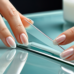 Glass Nail File Close-up**

"Close-up shot of a glass nail file gently shaping a fingernail, demonstrating smooth filing technique. Background is a clean, well-lit vanity with manicure tools. Focus on the delicate texture of the glass file and the healthy appearance of the nail. Safe for work, appropriate content, fully clothed hands, perfect anatomy, professional manicure setting, high resolution, natural light, modest. "

**