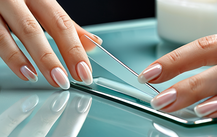 Glass Nail File Close-up**

"Close-up shot of a glass nail file gently shaping a fingernail, demonstrating smooth filing technique. Background is a clean, well-lit vanity with manicure tools. Focus on the delicate texture of the glass file and the healthy appearance of the nail. Safe for work, appropriate content, fully clothed hands, perfect anatomy, professional manicure setting, high resolution, natural light, modest. "

**
