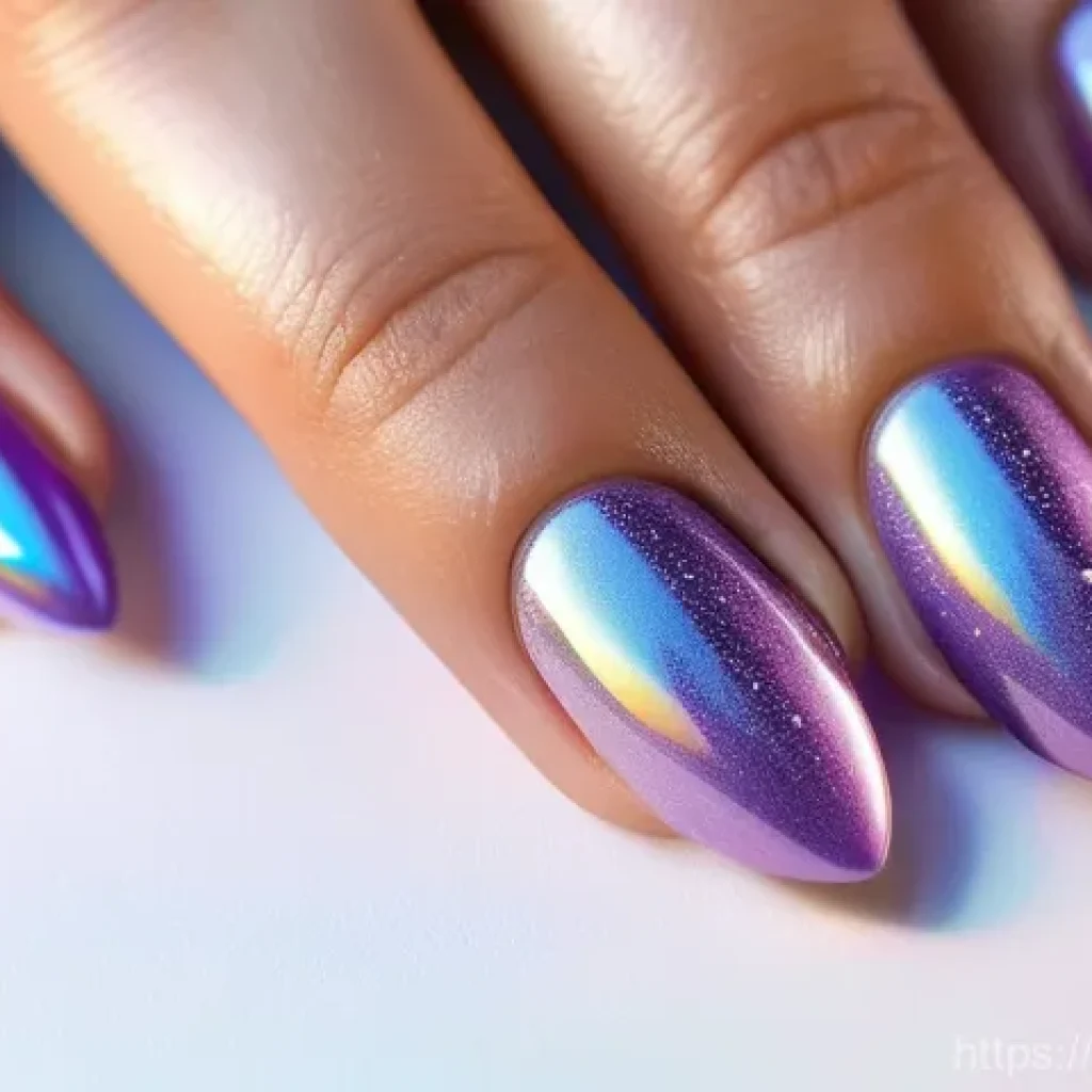 여름 네일 디자인 트렌드 - **Sheer Aurora Nails:**
"A close-up shot of elegant female hands with manicured, almond-shaped n...