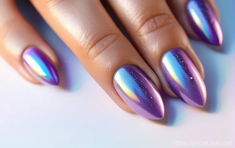 여름 네일 디자인 트렌드 - **Sheer Aurora Nails:**
    "A close-up shot of elegant female hands with manicured, almond-shaped n...