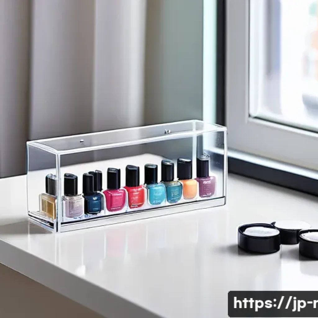 네일 폴리시 보존 용기 추천 - A stylish, modern nail polish storage setup featuring a transparent UV-cut storage case with multipl...
