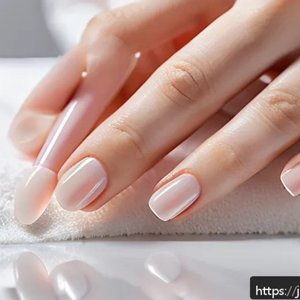 손톱 강화제와 영양제 차이 - A close-up, highly detailed image of well-maintained fingernails on a pair of hands applying a trans...