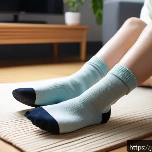 풋마스크와 풋팩의 차이 - A cozy indoor scene featuring a Japanese woman in her 30s wearing comfortable socks-style foot masks...