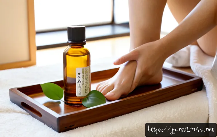 풋케어 마사지 오일 추천 - Photorealistic close-up of an adult woman relaxing in a bright Japanese-style home, gently massaging...